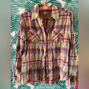 Anthropologie Postmark Womens Shirt Size 10 Plaid Long Sleeve Button Up Colorful